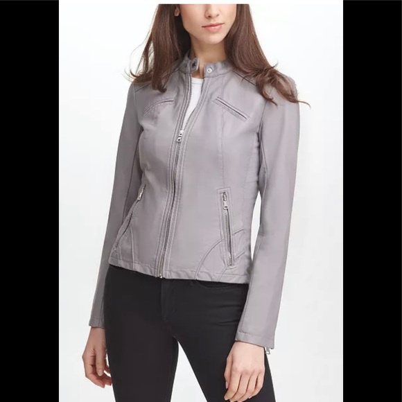 NWT GUESS WOMEN’S FAUX LEATHER MOTO JACKET | GREY | SIZE MEDIUM - Picture 1 of 7